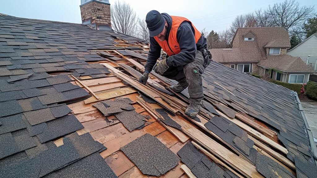 A close-up of wooden roof decking panels exposed during a residential roof renovation.