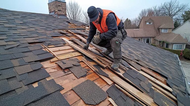 A close-up of wooden roof decking panels exposed during a residential roof renovation.