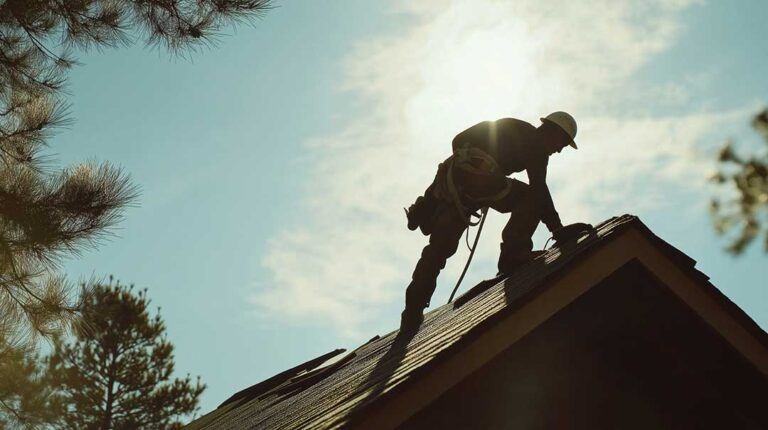 Dark roof shingles with black algae streaks beside a damp attic ceiling stain.