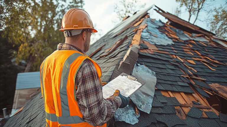 A close-up view of missing shingles on a residential roof after a strong windstorm.