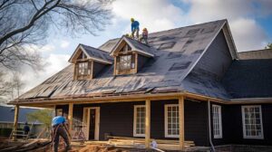 Workers secure a temporary weather barrier over exposed roof decking beside a home renovation area.