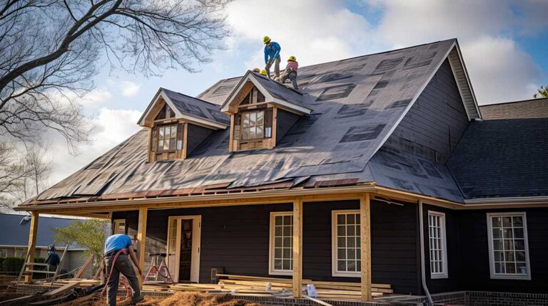 Workers secure a temporary weather barrier over exposed roof decking beside a home renovation area.